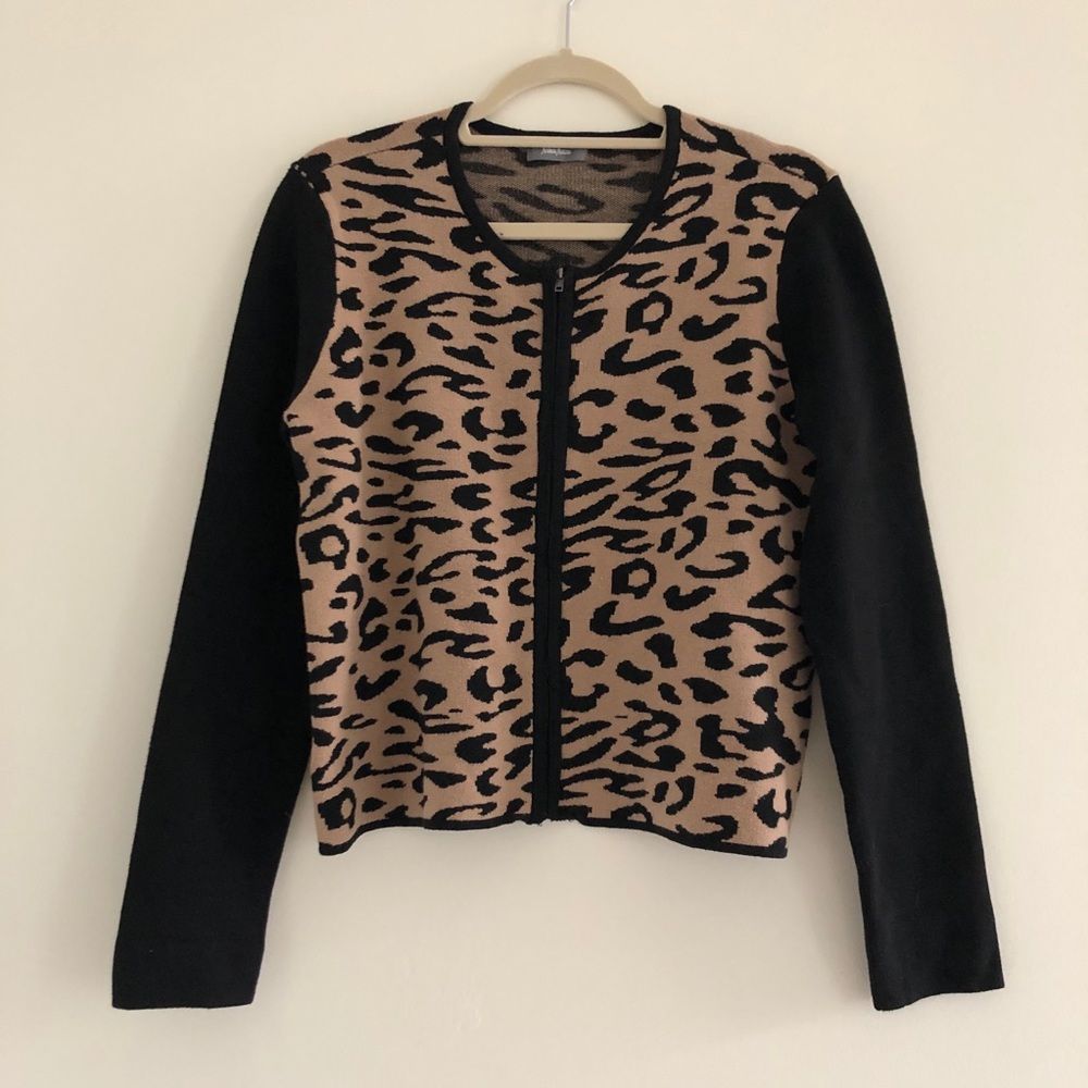 Neiman Marcus Animal Print Zip Front Cardigan M Leopard Indie Sleaze Soft Alt